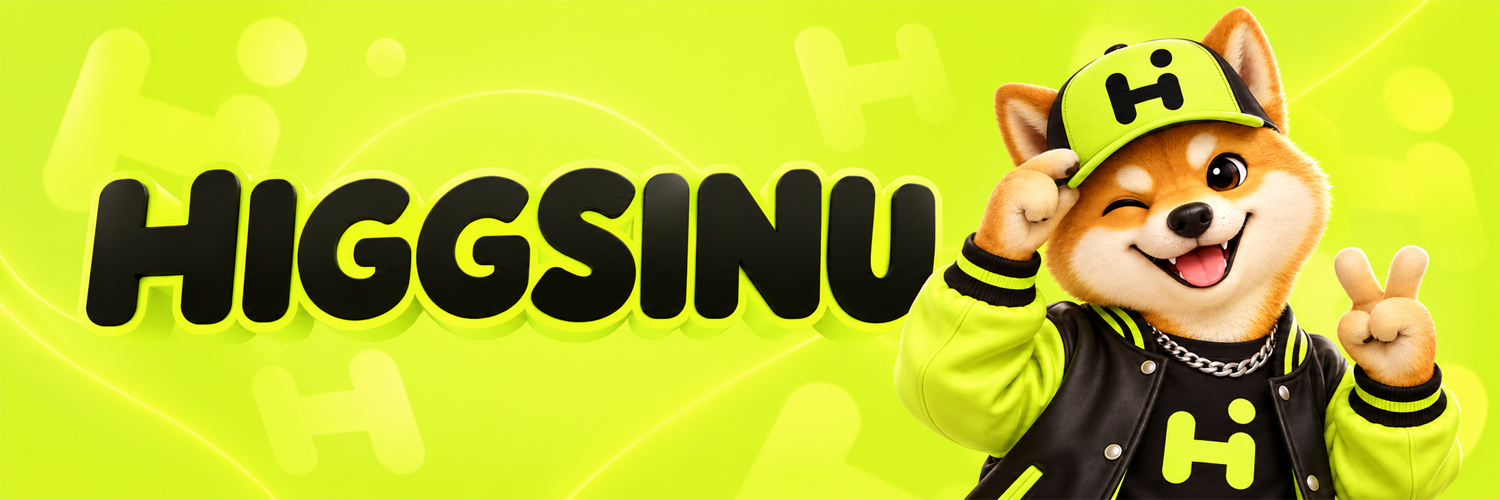 HIGGSINU wordmark in black with a lime shadow, beside the mascot on a lime field.
